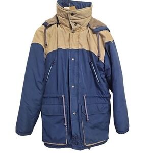 Carl Michaels Vintage TwoTone Parka Winter Coat Blue Tan Hooded Outdoor Jacket M